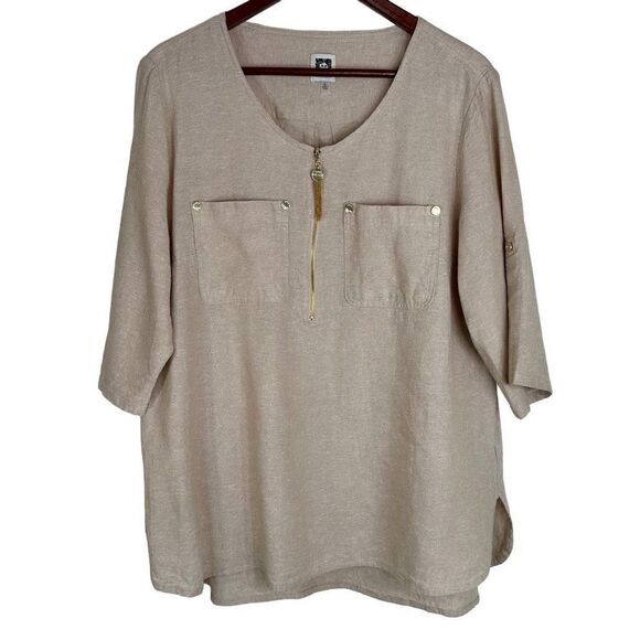 Anne Klein Womens Tan Linen Blend Popover Blouse Size XL Modern Minimalist - Picture 1 of 11